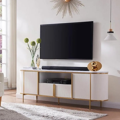 Modern Luxury TV Stand with Faux Marble Top, Fluted Panel, Gold Accents, 4-Door Cabinet