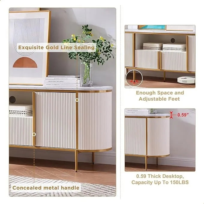 Modern Luxury TV Stand with Faux Marble Top, Fluted Panel, Gold Accents, 4-Door Cabinet