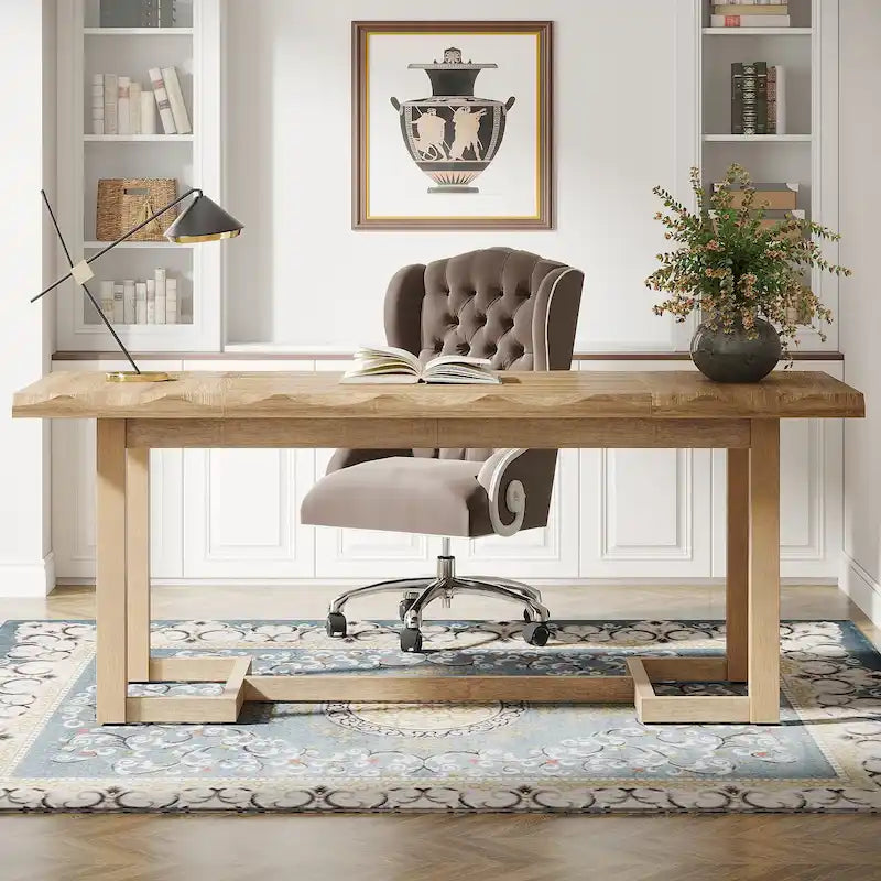 63 Inches Computer Desk, Rectangular Writing Table with Solid Wood Legs and Thickened Desktop