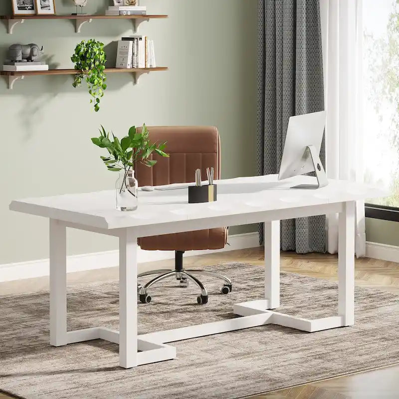 63 Inches Computer Desk, Rectangular Writing Table with Solid Wood Legs and Thickened Desktop