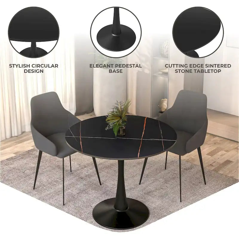 Bristol 35 Round Dining Table for 4 with Sintered Stone Tabletop in Black Base for Kitchen & Dining Room
