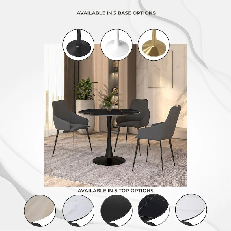 Bristol 35 Round Dining Table for 4 with Sintered Stone Tabletop in Black Base for Kitchen & Dining Room