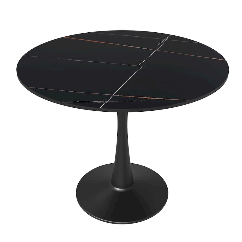 35in Round Dining Table with Sintered Stone Tabletop, Black Steel Pedestal Base, Scratch-Resistant
