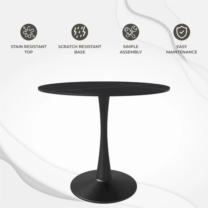 35in Round Dining Table with Sintered Stone Tabletop, Black Steel Pedestal Base, Scratch-Resistant