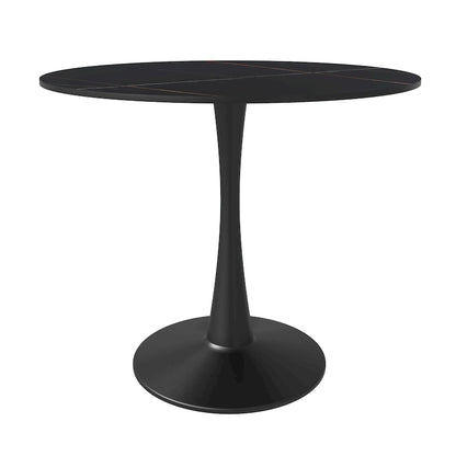 35in Round Dining Table with Sintered Stone Tabletop, Black Steel Pedestal Base, Scratch-Resistant