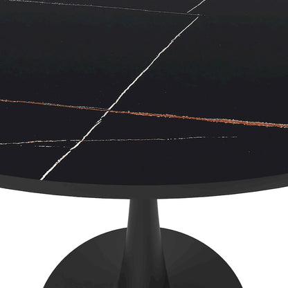 35in Round Dining Table with Sintered Stone Tabletop, Black Steel Pedestal Base, Scratch-Resistant