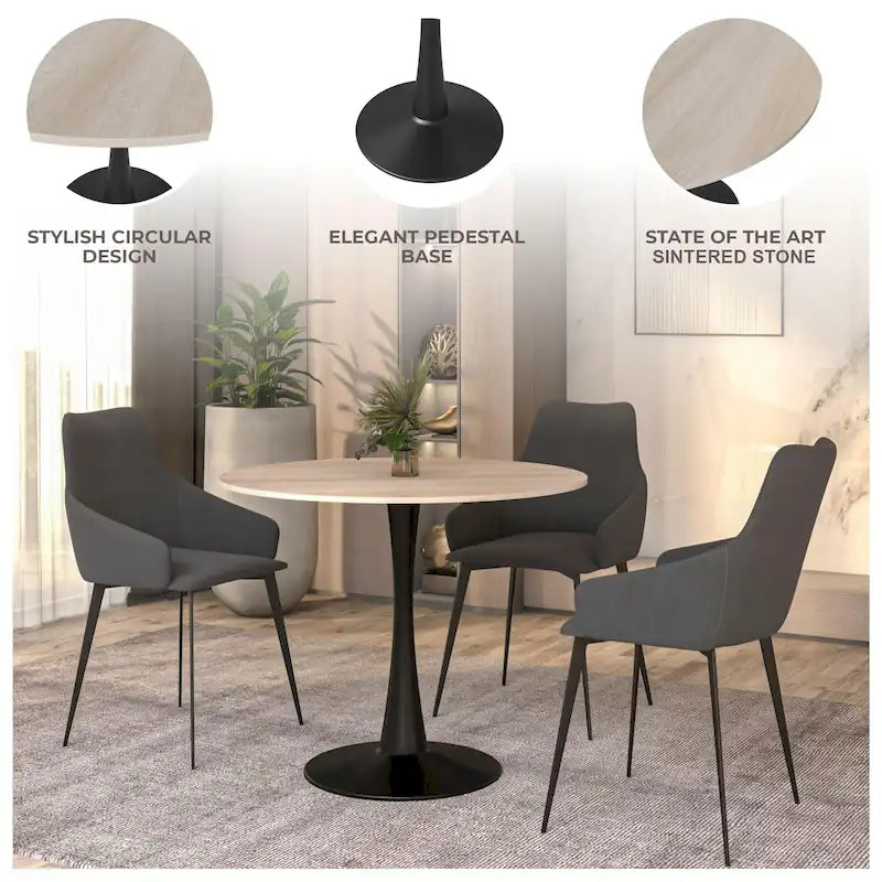 Bristol 35 Round Dining Table for 4 with Sintered Stone Tabletop in Black Base for Kitchen & Dining Room