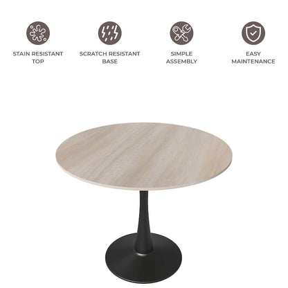 35in Round Dining Table with Sintered Stone Tabletop, Black Steel Pedestal Base, Scratch-Resistant