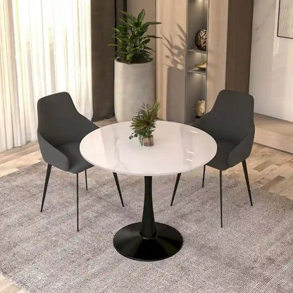 35in Round Dining Table with Sintered Stone Tabletop, Black Steel Pedestal Base, Scratch-Resistant