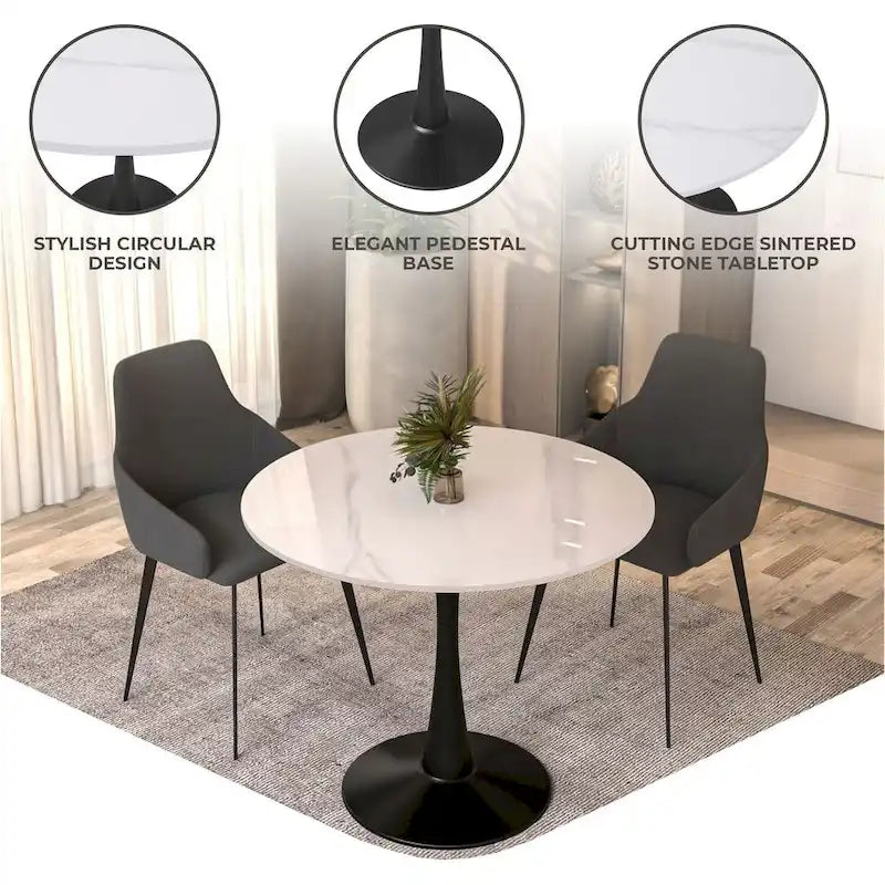 Bristol 35 Round Dining Table for 4 with Sintered Stone Tabletop in Black Base for Kitchen & Dining Room