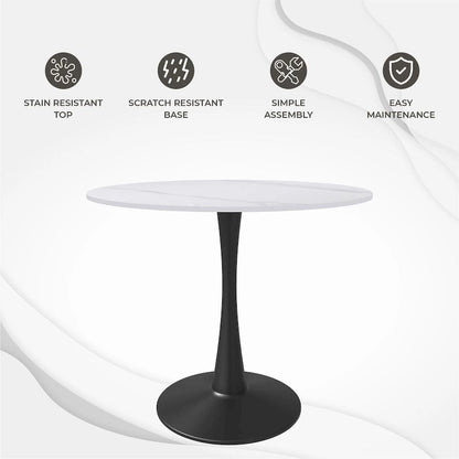 35in Round Dining Table with Sintered Stone Tabletop, Black Steel Pedestal Base, Scratch-Resistant