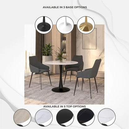 35in Round Dining Table with Sintered Stone Tabletop, Black Steel Pedestal Base, Scratch-Resistant