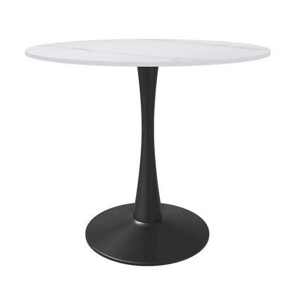 35in Round Dining Table with Sintered Stone Tabletop, Black Steel Pedestal Base, Scratch-Resistant