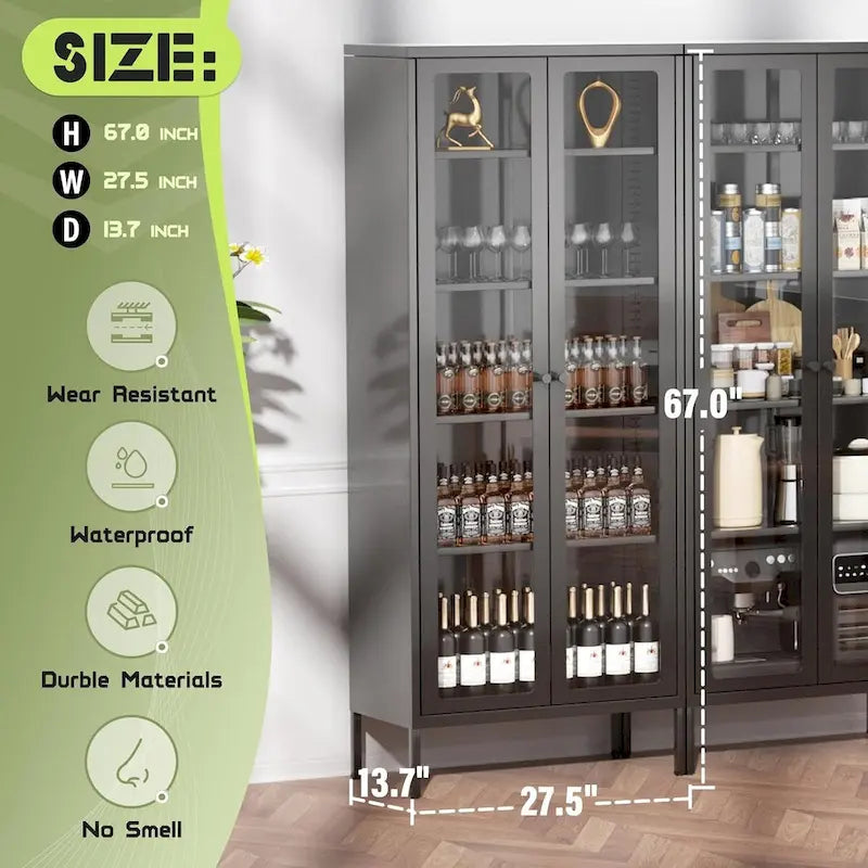67 Tall Glass Curio Display Cabinet with Glass Doors and 4 Adjustable Shelves