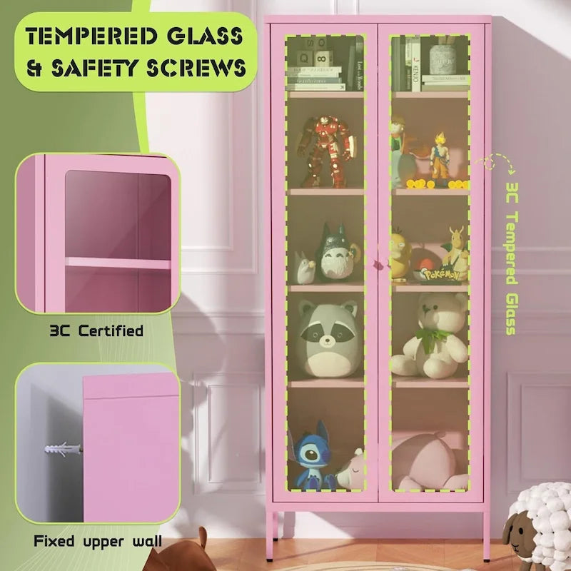 67 Tall Glass Curio Display Cabinet with Glass Doors and 4 Adjustable Shelves