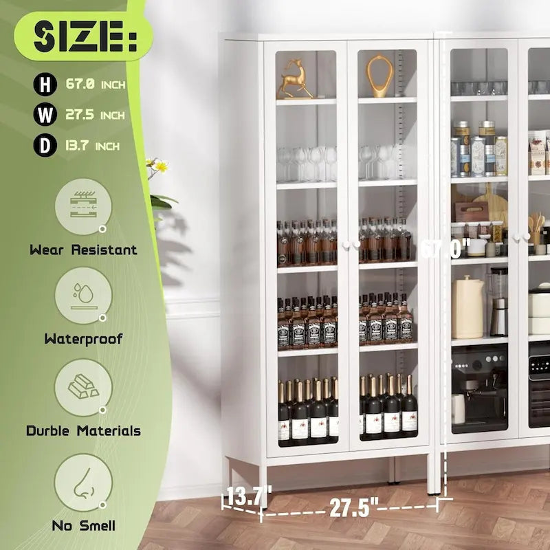 67 Tall Glass Curio Display Cabinet with Glass Doors and 4 Adjustable Shelves