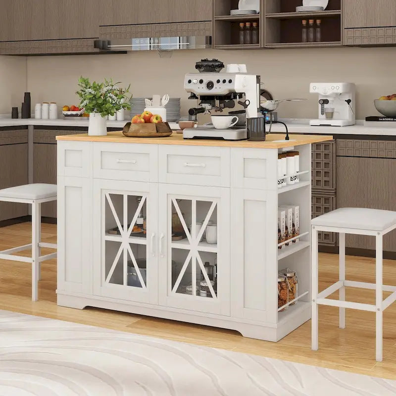 47in Kitchen Island with Drop Leaf, 2 Bar Stools, Power Outlets, Lockable Wheels & Storage Cabinet