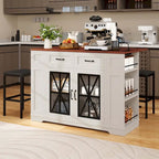 47in Kitchen Island with Drop Leaf, 2 Bar Stools, Power Outlets, Lockable Wheels & Storage Cabinet