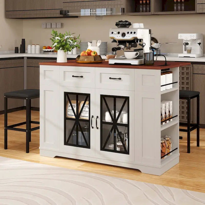 47in Kitchen Island with Drop Leaf, 2 Bar Stools, Power Outlets, Lockable Wheels & Storage Cabinet