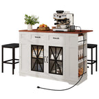 47in Kitchen Island with Drop Leaf, 2 Bar Stools, Power Outlets, Lockable Wheels & Storage Cabinet