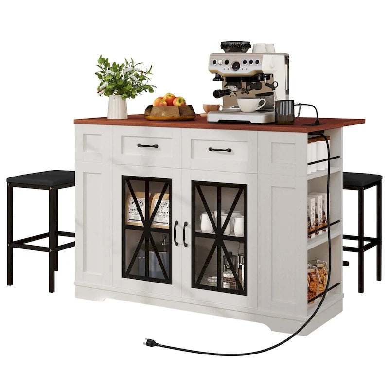 47in Kitchen Island with Drop Leaf, 2 Bar Stools, Power Outlets, Lockable Wheels & Storage Cabinet