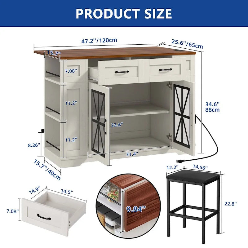 47in Kitchen Island with Drop Leaf, 2 Bar Stools, Power Outlets, Lockable Wheels & Storage Cabinet