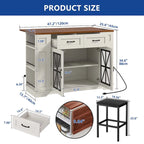 47in Kitchen Island with Drop Leaf, 2 Bar Stools, Power Outlets, Lockable Wheels & Storage Cabinet
