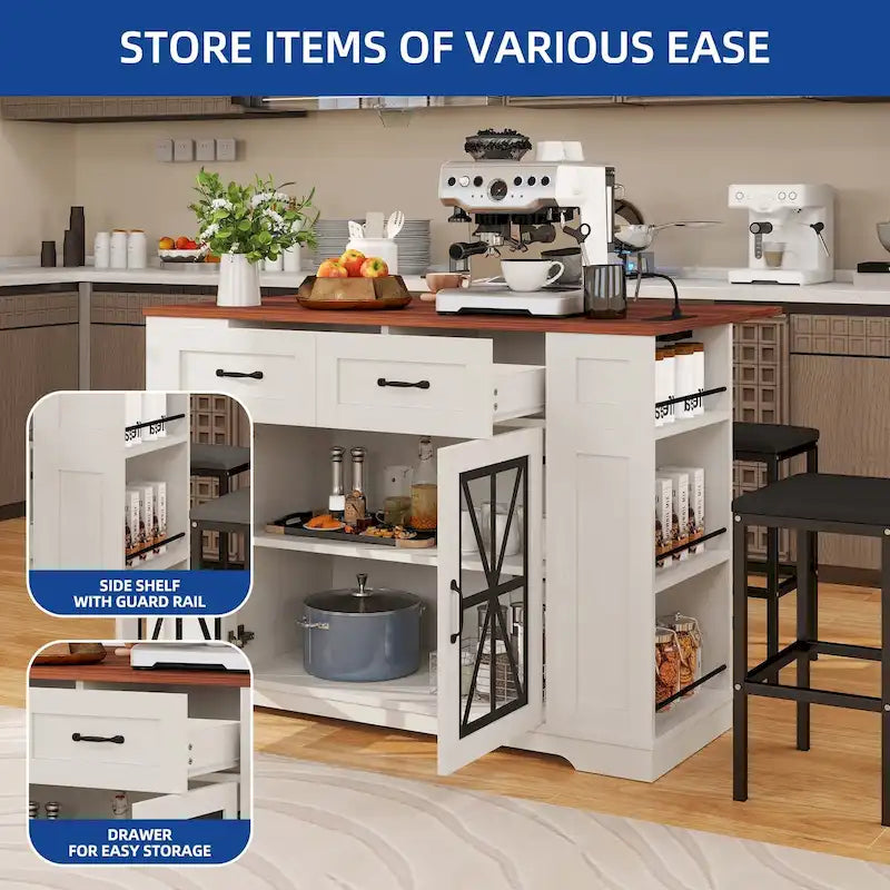 47in Kitchen Island with Drop Leaf, 2 Bar Stools, Power Outlets, Lockable Wheels & Storage Cabinet