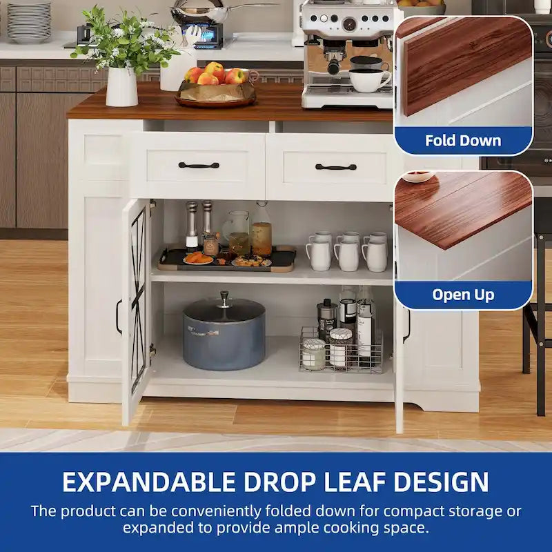47in Kitchen Island with Drop Leaf, 2 Bar Stools, Power Outlets, Lockable Wheels & Storage Cabinet