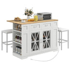 47in Kitchen Island with Drop Leaf, 2 Bar Stools, Power Outlets, Lockable Wheels & Storage Cabinet