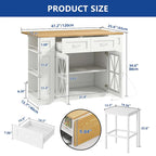 47in Kitchen Island with Drop Leaf, 2 Bar Stools, Power Outlets, Lockable Wheels & Storage Cabinet