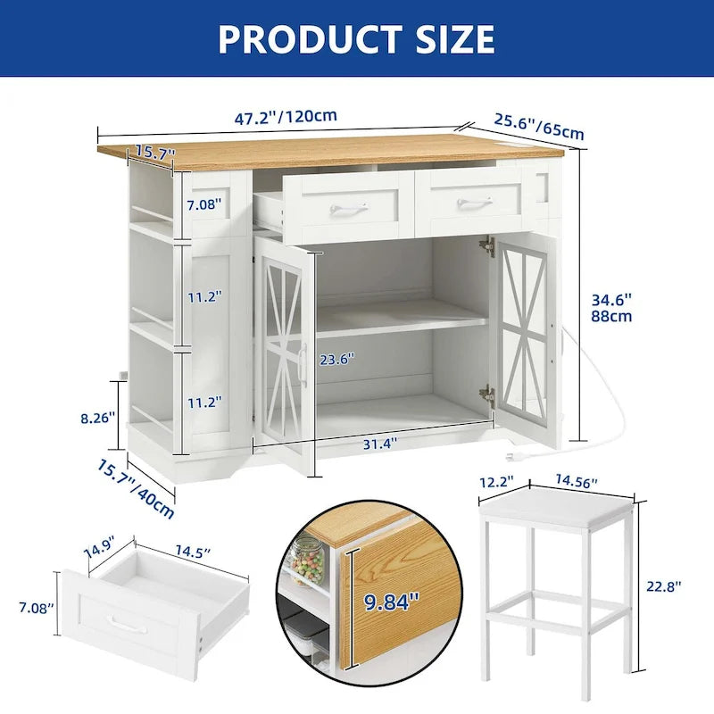 47in Kitchen Island with Drop Leaf, 2 Bar Stools, Power Outlets, Lockable Wheels & Storage Cabinet
