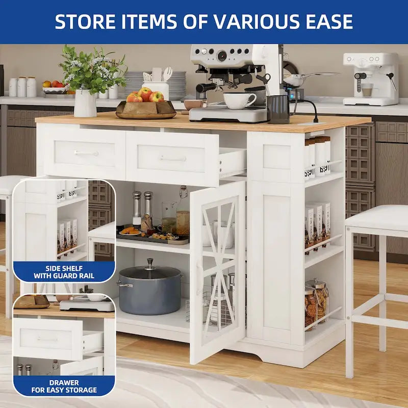 47in Kitchen Island with Drop Leaf, 2 Bar Stools, Power Outlets, Lockable Wheels & Storage Cabinet