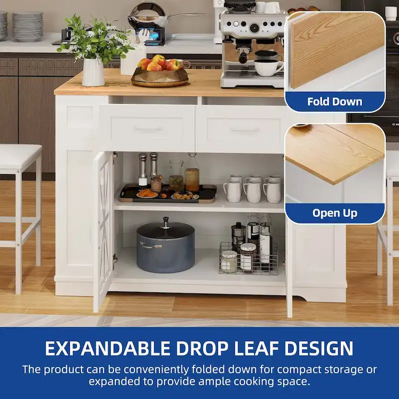 47in Kitchen Island with Drop Leaf, 2 Bar Stools, Power Outlets, Lockable Wheels & Storage Cabinet