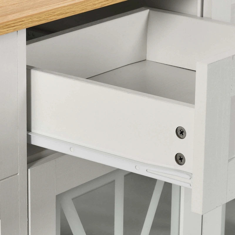 47in Kitchen Island with Drop Leaf, 2 Bar Stools, Power Outlets, Lockable Wheels & Storage Cabinet