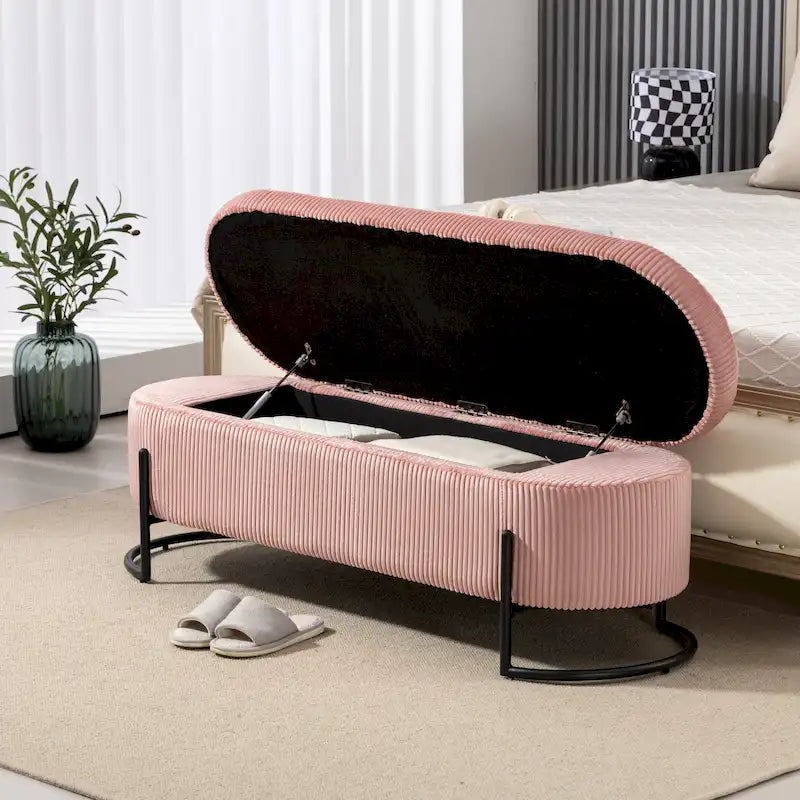 Corduroy Upholstered Storage Ottoman Bench with Safety Hinge and Metal Legs, Bedroom or Entryway