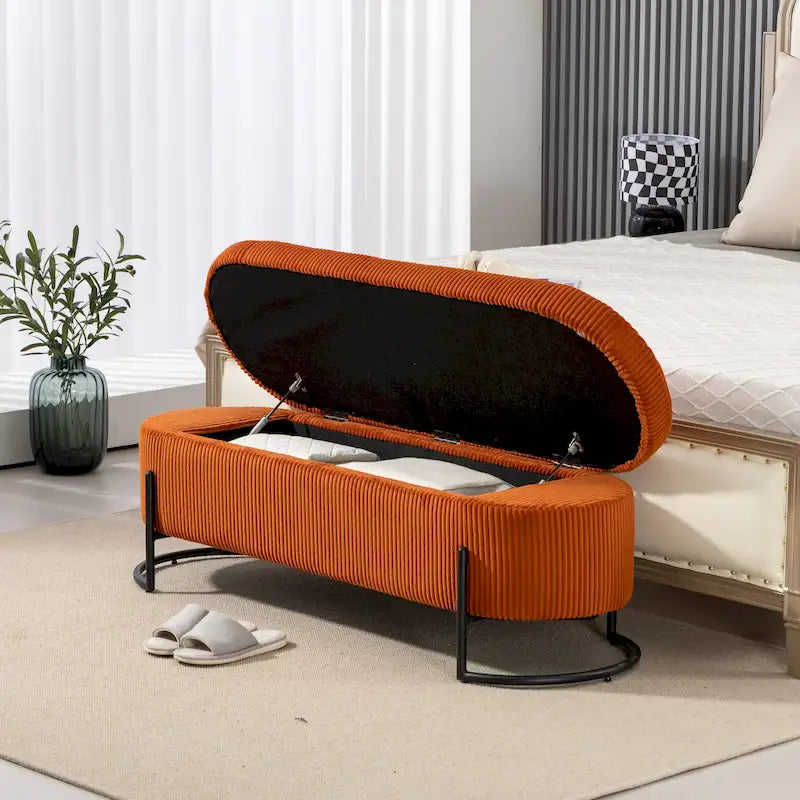 Corduroy Upholstered Storage Ottoman Bench with Safety Hinge and Metal Legs, Bedroom or Entryway