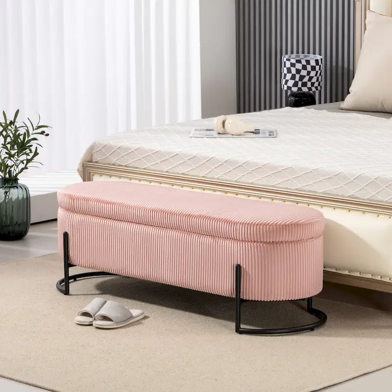 Corduroy Upholstered Storage Ottoman Bench with Safety Hinge and Metal Legs, Bedroom or Entryway