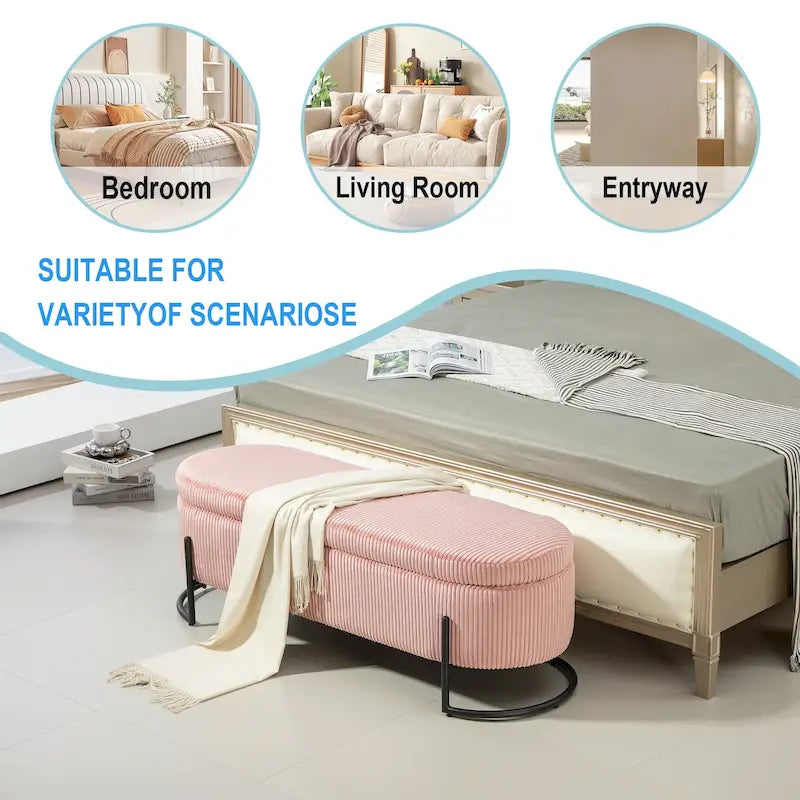 Corduroy Upholstered Storage Ottoman Bench with Safety Hinge and Metal Legs, Bedroom or Entryway