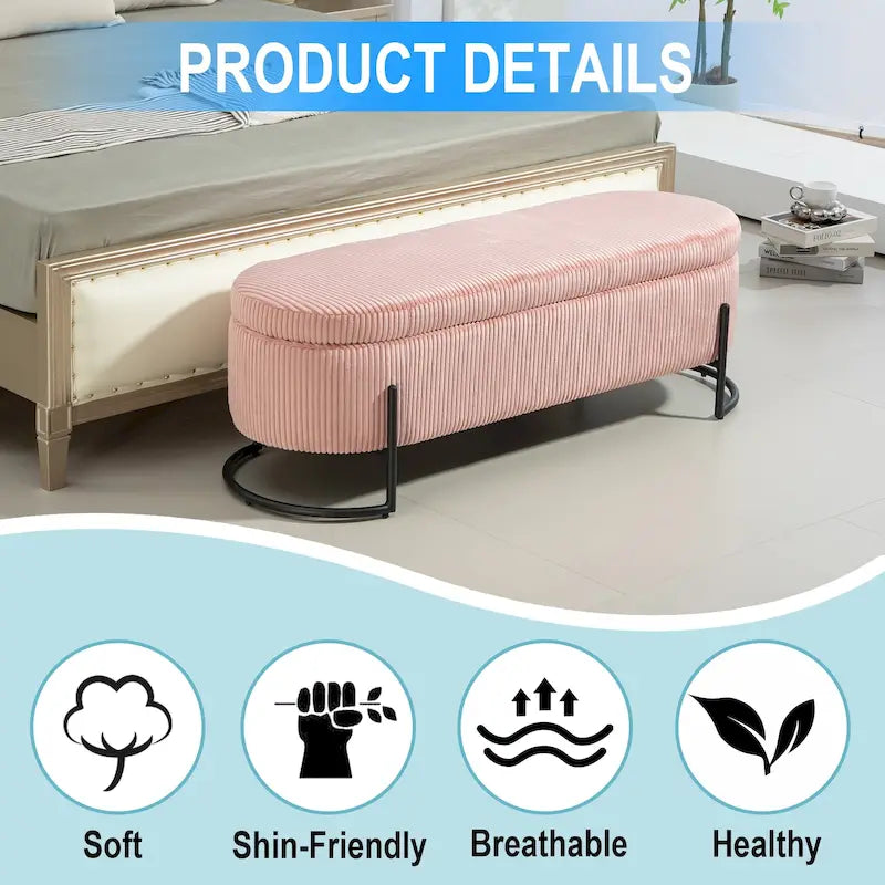 Corduroy Upholstered Storage Ottoman Bench with Safety Hinge and Metal Legs, Bedroom or Entryway