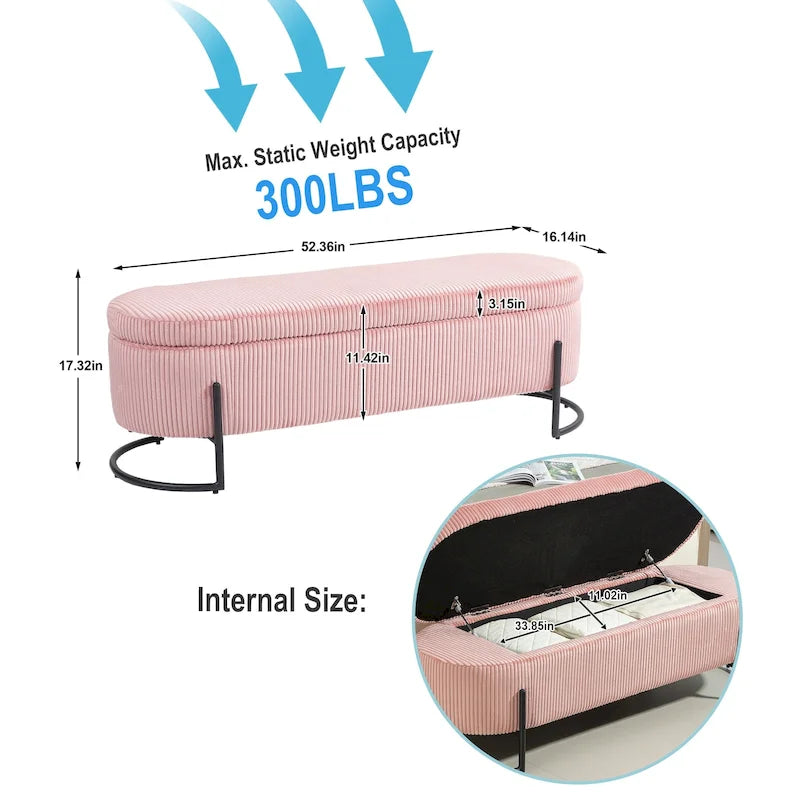 Corduroy Upholstered Storage Ottoman Bench with Safety Hinge and Metal Legs, Bedroom or Entryway