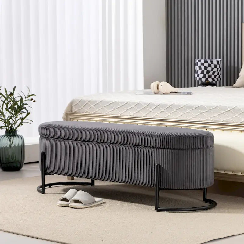 Corduroy Upholstered Storage Ottoman Bench with Safety Hinge and Metal Legs, Bedroom or Entryway