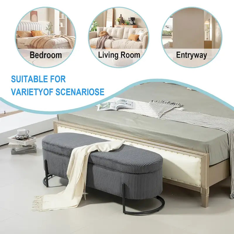 Corduroy Upholstered Storage Ottoman Bench with Safety Hinge and Metal Legs, Bedroom or Entryway