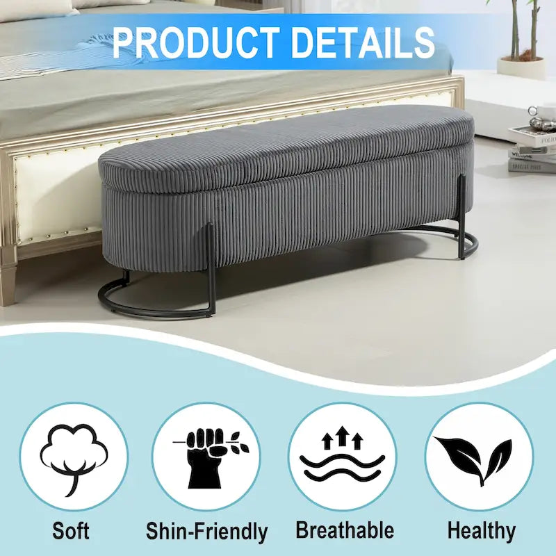 Corduroy Upholstered Storage Ottoman Bench with Safety Hinge and Metal Legs, Bedroom or Entryway