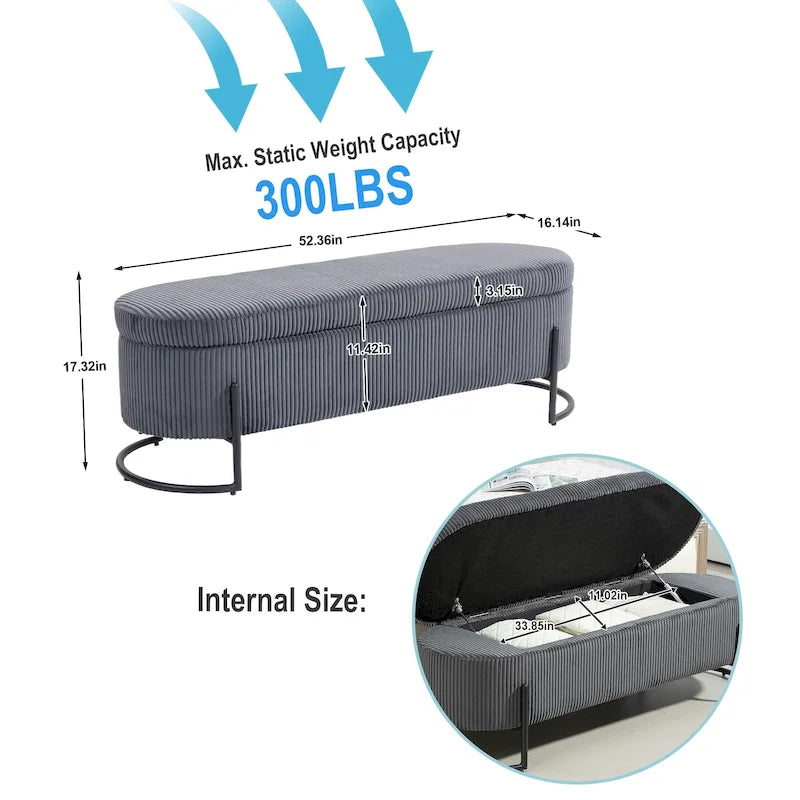 Corduroy Upholstered Storage Ottoman Bench with Safety Hinge and Metal Legs, Bedroom or Entryway
