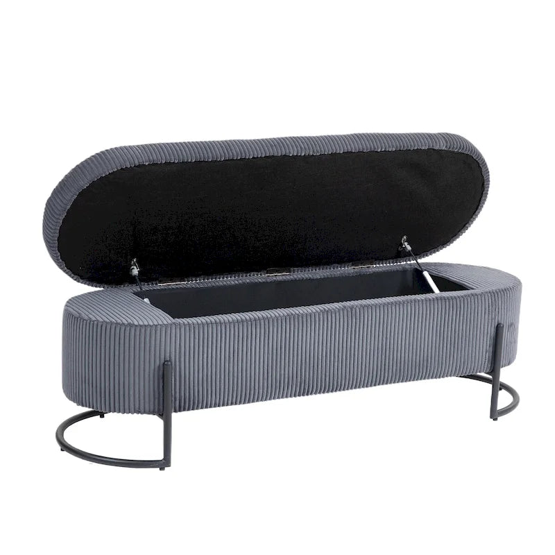 Corduroy Upholstered Storage Ottoman Bench with Safety Hinge and Metal Legs, Bedroom or Entryway