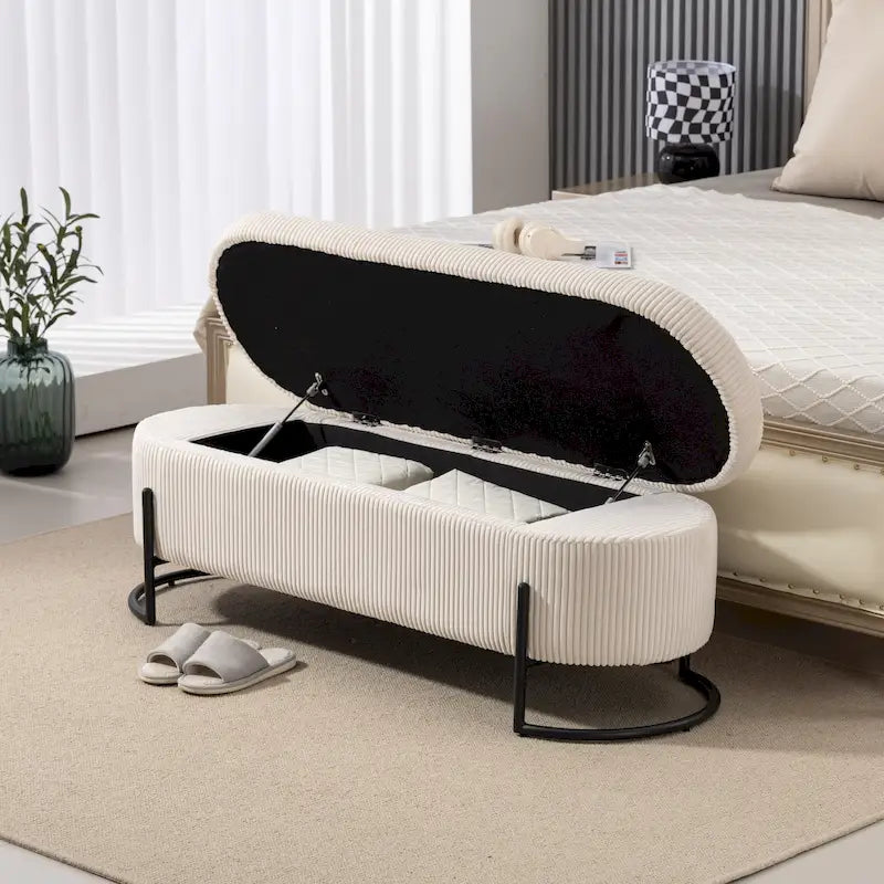 Corduroy Upholstered Storage Ottoman Bench with Safety Hinge and Metal Legs, Bedroom or Entryway