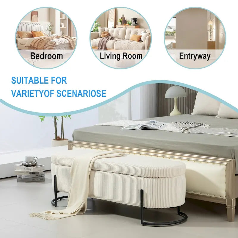 Corduroy Upholstered Storage Ottoman Bench with Safety Hinge and Metal Legs, Bedroom or Entryway