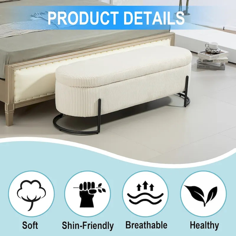 Corduroy Upholstered Storage Ottoman Bench with Safety Hinge and Metal Legs, Bedroom or Entryway