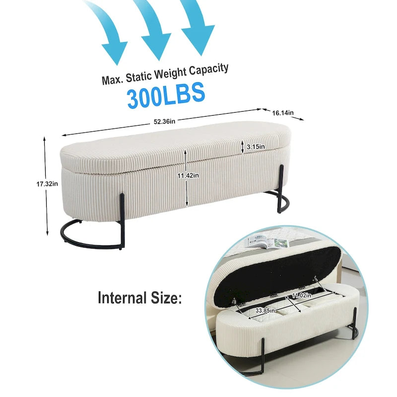 Corduroy Upholstered Storage Ottoman Bench with Safety Hinge and Metal Legs, Bedroom or Entryway
